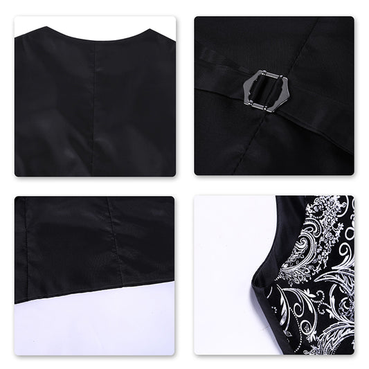 Silver # Men's slim fit single breasted printed vest with v-neck and 3-button satin collar closure, sleeveless silver waistcoat with gold stamping floral print and adjustable back belt, fully lined polyester viscose blend vest for business, wedding, prom, banquet and daily wear, isolated on white background.