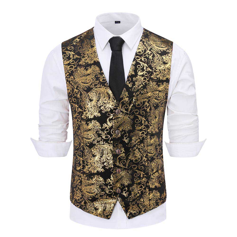 Gold # Men's slim fit single breasted printed vest with v-neck and 3-button closure, sleeveless floral waistcoat with satin turn-down collar and adjustable back belt, fully lined polyester viscose blend formal vest for business, wedding, prom, party and daily wear, isolated on white background.