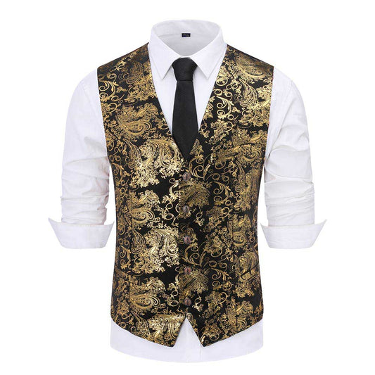 Gold # Men's slim fit single breasted printed vest with v-neck and 3-button closure, sleeveless floral waistcoat with satin turn-down collar and adjustable back belt, fully lined polyester viscose blend formal vest for business, wedding, prom, party and daily wear, isolated on white background.