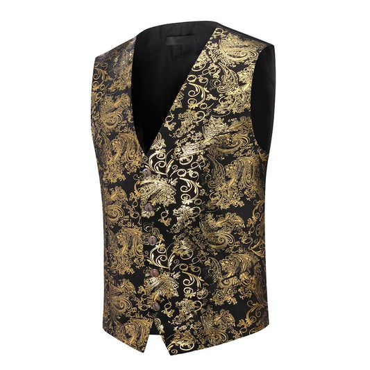 Gold # Men's slim fit single breasted printed vest with v-neck and 3-button closure, sleeveless floral waistcoat with satin turn-down collar and adjustable back belt, fully lined polyester viscose blend formal vest for business, wedding, prom, party and daily wear, isolated on white background.