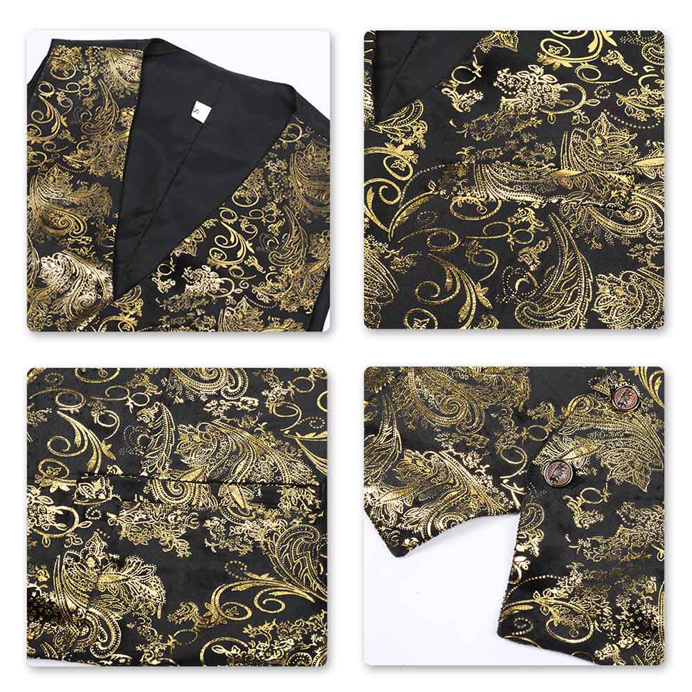 Gold # Men's slim fit single breasted printed vest with v-neck and 3-button closure, sleeveless floral waistcoat with satin turn-down collar and adjustable back belt, fully lined polyester viscose blend formal vest for business, wedding, prom, party and daily wear, isolated on white background.