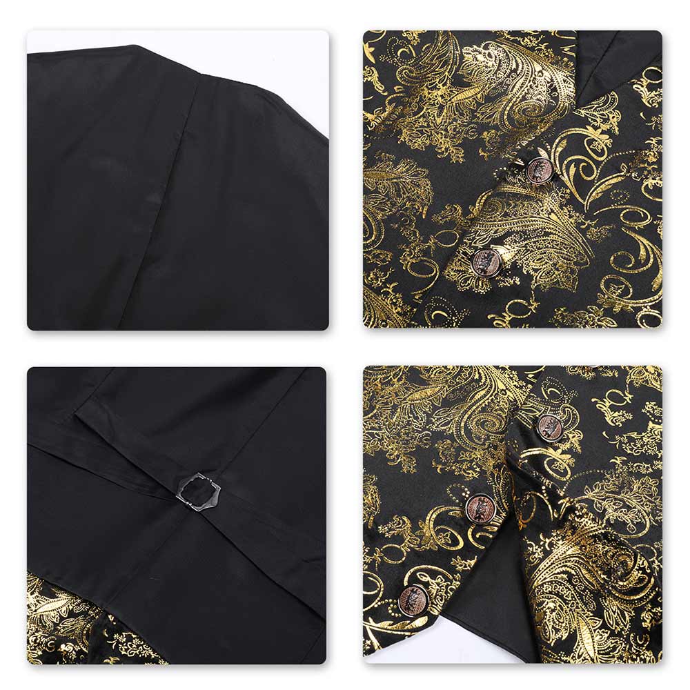 Gold # Men's slim fit single breasted printed vest with v-neck and 3-button closure, sleeveless floral waistcoat with satin turn-down collar and adjustable back belt, fully lined polyester viscose blend formal vest for business, wedding, prom, party and daily wear, isolated on white background.