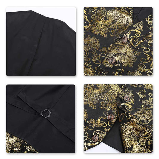 Gold # Men's slim fit single breasted printed vest with v-neck and 3-button closure, sleeveless floral waistcoat with satin turn-down collar and adjustable back belt, fully lined polyester viscose blend formal vest for business, wedding, prom, party and daily wear, isolated on white background.