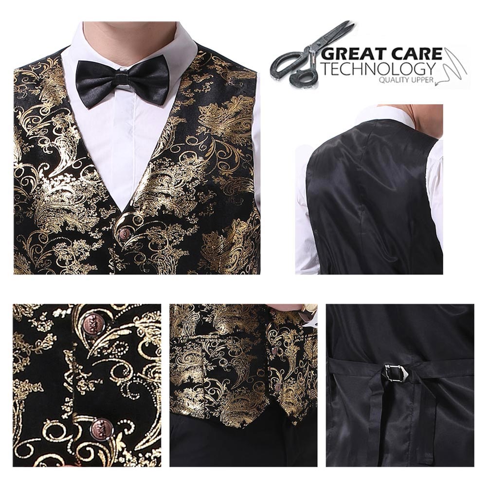 Gold # Men's slim fit single breasted printed vest with v-neck and 3-button closure, sleeveless floral waistcoat with satin turn-down collar and adjustable back belt, fully lined polyester viscose blend formal vest for business, wedding, prom, party and daily wear, isolated on white background.