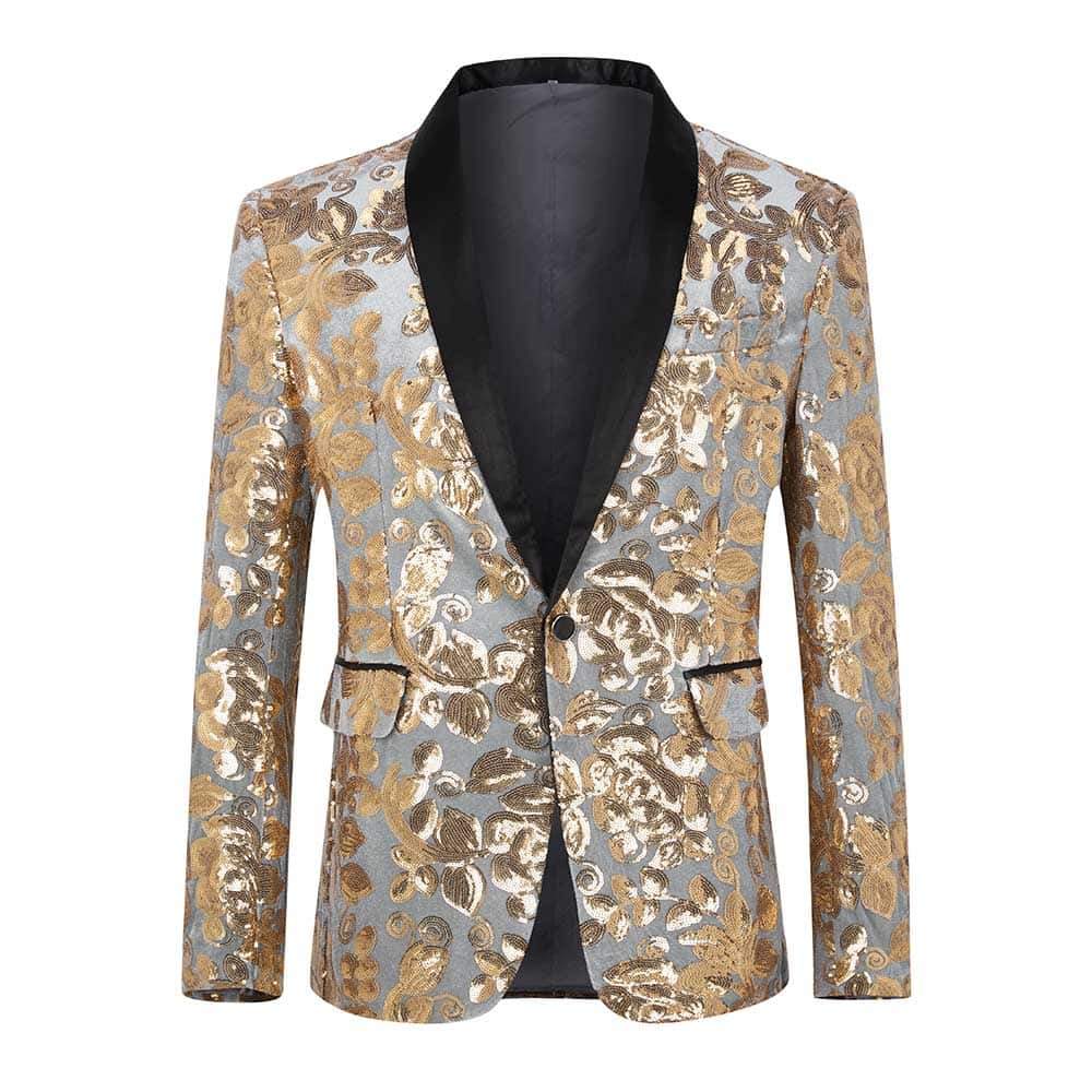 Gold # Men's slim fit sequin blazer with shawl collar and single-breasted button closure, gold sparkle dance party jacket with no vent and fully lined interior, shining sequin decoration for stage performance, prom, wedding and special occasions, isolated on white background.