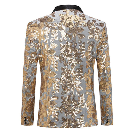 Gold # Men's slim fit sequin blazer with shawl collar and single-breasted button closure, gold sparkle dance party jacket with no vent and fully lined interior, shining sequin decoration for stage performance, prom, wedding and special occasions, isolated on white background.