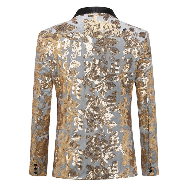 Gold # Men's slim fit sequin blazer with shawl collar and single-breasted button closure, gold sparkle dance party jacket with no vent and fully lined interior, shining sequin decoration for stage performance, prom, wedding and special occasions, isolated on white background.