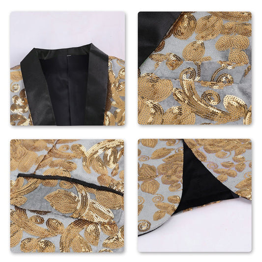 Gold # Men's slim fit sequin blazer with shawl collar and single-breasted button closure, gold sparkle dance party jacket with no vent and fully lined interior, shining sequin decoration for stage performance, prom, wedding and special occasions, isolated on white background.