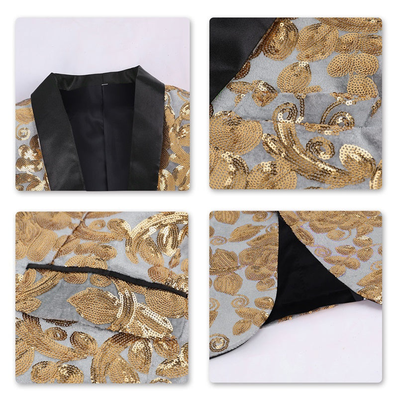 Gold # Men's slim fit sequin blazer with shawl collar and single-breasted button closure, gold sparkle dance party jacket with no vent and fully lined interior, shining sequin decoration for stage performance, prom, wedding and special occasions, isolated on white background.