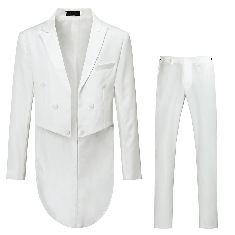 White # Men's slim fit 3-piece swallowtailed dinner suit with classic lapel and single-breasted button closure, white formal tailcoat blazer with matching vest and flat-front trousers featuring rustproof zipper, wrinkle-resistant polyester viscose blend suit for wedding, prom, banquet and formal parties, isolated on white background.