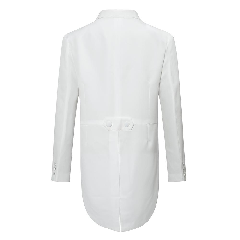 White # Men's slim fit 3-piece swallowtailed dinner suit with classic lapel and single-breasted button closure, white formal tailcoat blazer with matching vest and flat-front trousers featuring rustproof zipper, wrinkle-resistant polyester viscose blend suit for wedding, prom, banquet and formal parties, isolated on white background.