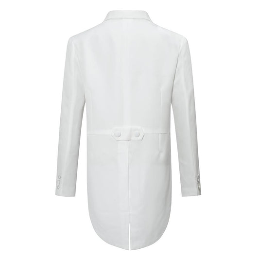 White # Men's slim fit 3-piece swallowtailed dinner suit with classic lapel and single-breasted button closure, white formal tailcoat blazer with matching vest and flat-front trousers featuring rustproof zipper, wrinkle-resistant polyester viscose blend suit for wedding, prom, banquet and formal parties, isolated on white background.