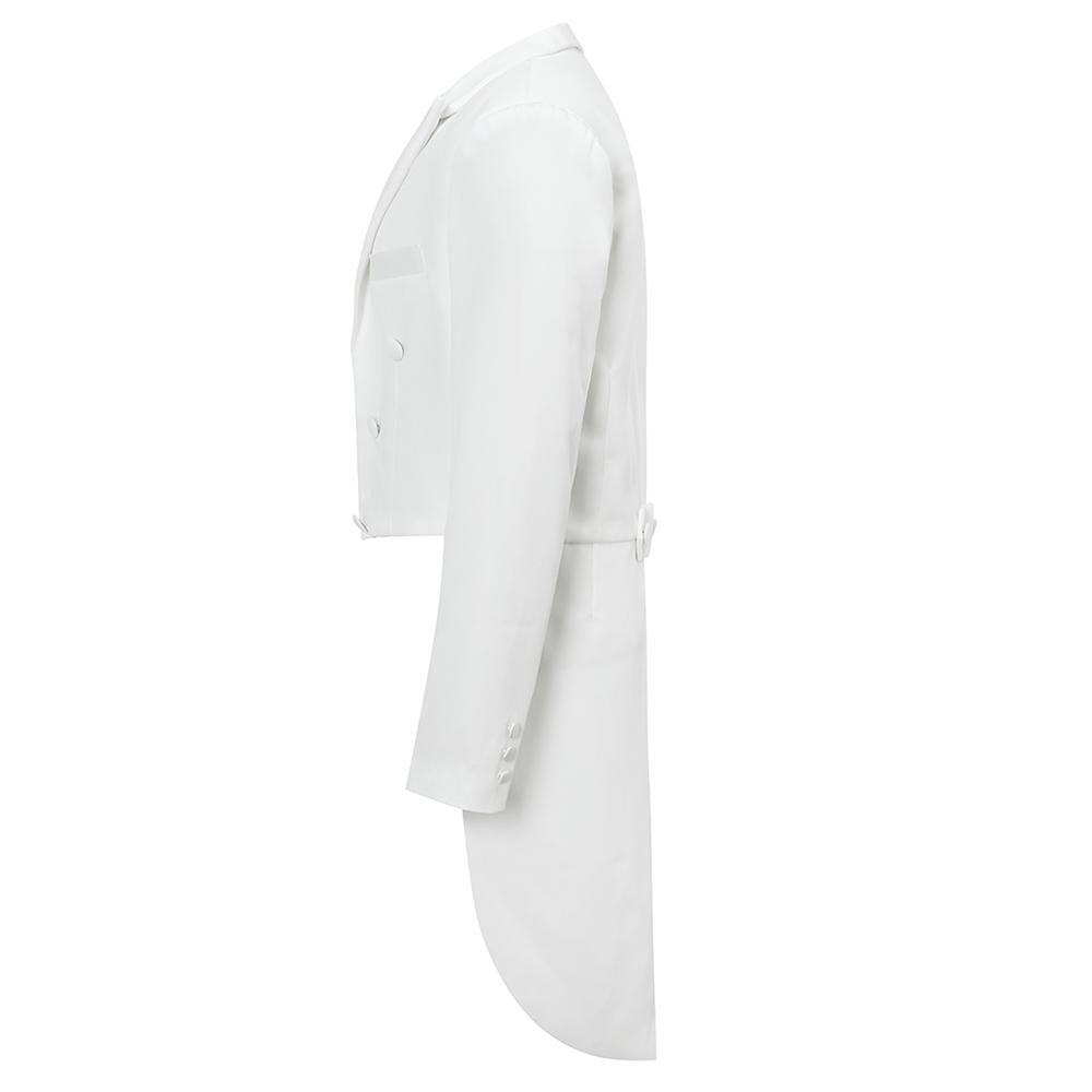 White # Men's slim fit 3-piece swallowtailed dinner suit with classic lapel and single-breasted button closure, white formal tailcoat blazer with matching vest and flat-front trousers featuring rustproof zipper, wrinkle-resistant polyester viscose blend suit for wedding, prom, banquet and formal parties, isolated on white background.