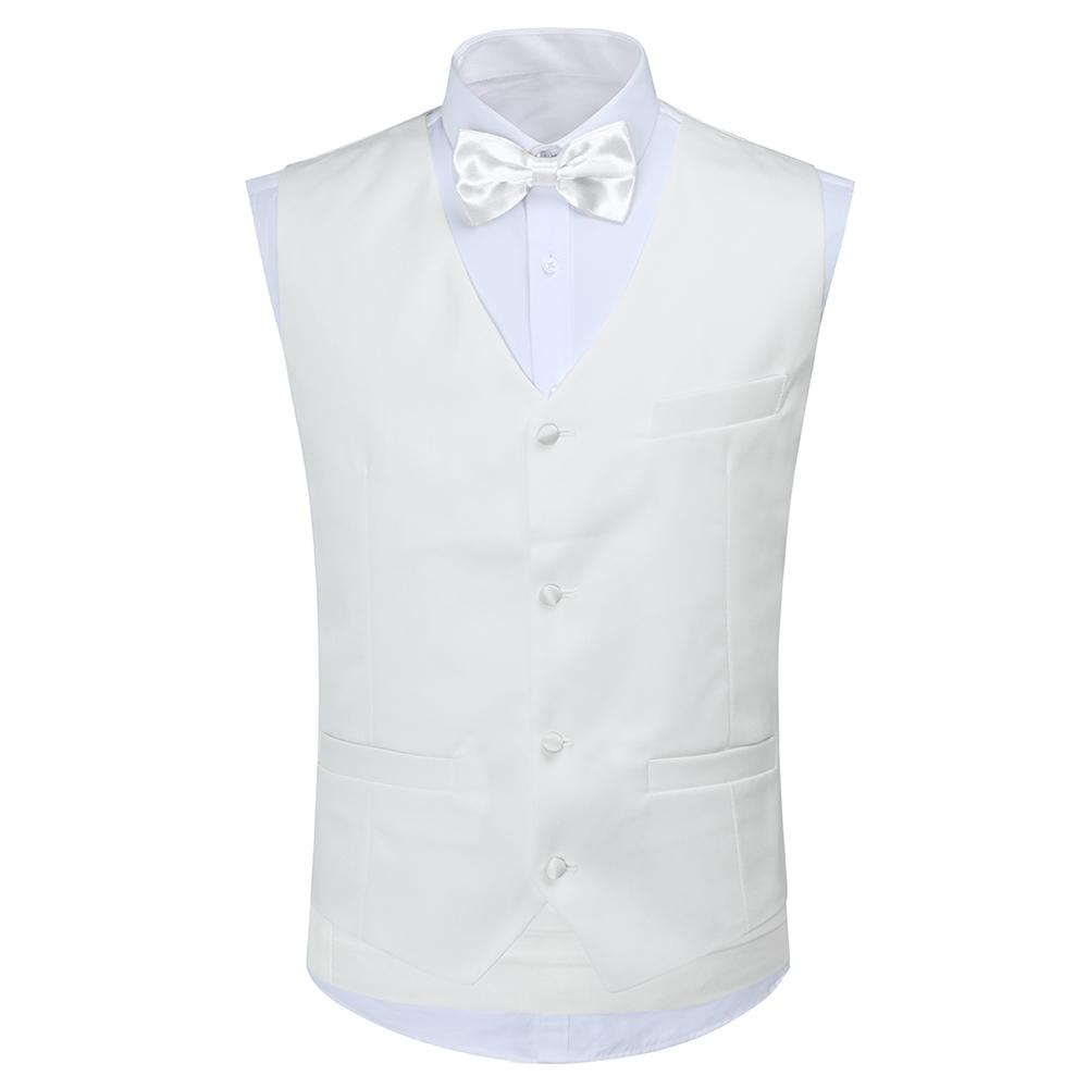 White # Men's slim fit 3-piece swallowtailed dinner suit with classic lapel and single-breasted button closure, white formal tailcoat blazer with matching vest and flat-front trousers featuring rustproof zipper, wrinkle-resistant polyester viscose blend suit for wedding, prom, banquet and formal parties, isolated on white background.