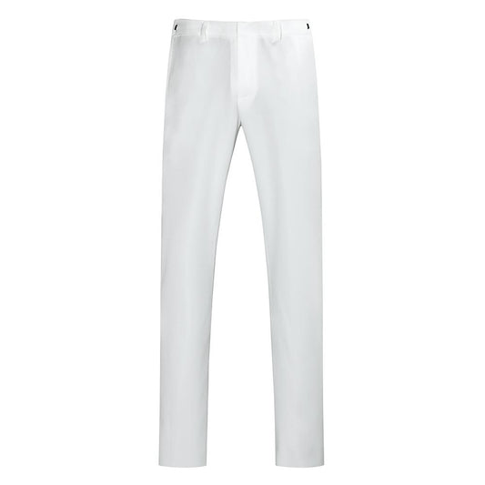 White # Men's slim fit 3-piece swallowtailed dinner suit with classic lapel and single-breasted button closure, white formal tailcoat blazer with matching vest and flat-front trousers featuring rustproof zipper, wrinkle-resistant polyester viscose blend suit for wedding, prom, banquet and formal parties, isolated on white background.