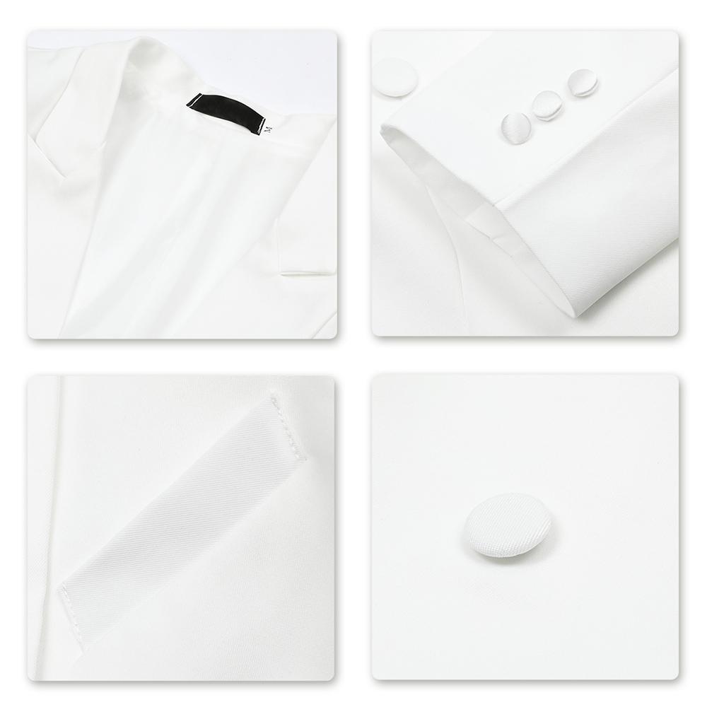 White # Men's slim fit 3-piece swallowtailed dinner suit with classic lapel and single-breasted button closure, white formal tailcoat blazer with matching vest and flat-front trousers featuring rustproof zipper, wrinkle-resistant polyester viscose blend suit for wedding, prom, banquet and formal parties, isolated on white background.