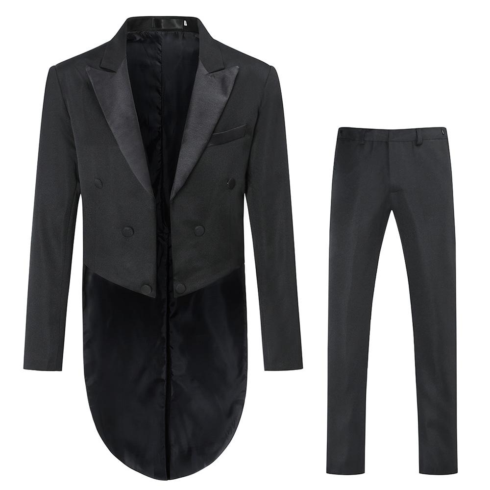 Black # Men's slim fit 3-piece swallowtailed dinner suit with classic lapel and button closure, black formal tailcoat blazer jacket with matching vest and flat-front trousers with rustproof zipper, premium polyester viscose blend suit for wedding, prom, party, banquet and holiday occasions, isolated on white background.