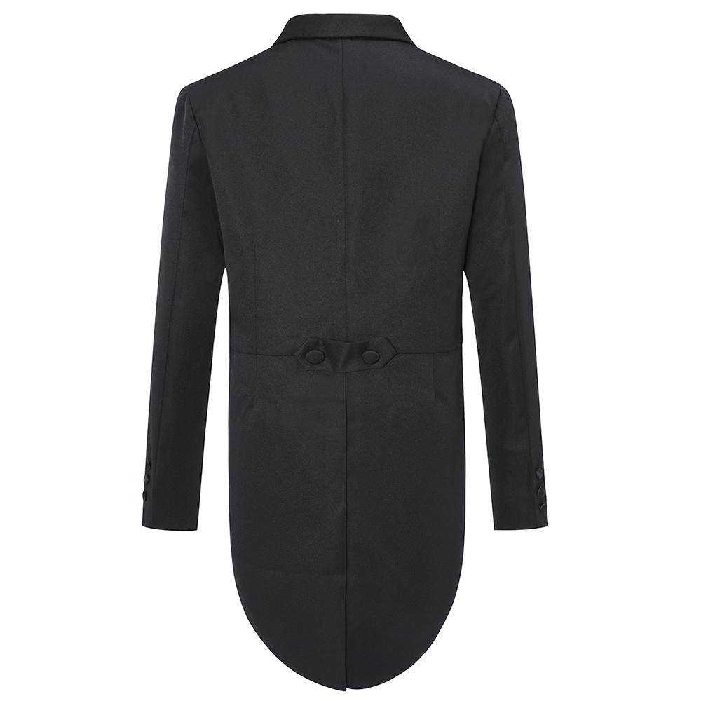 Black # Men's slim fit 3-piece swallowtailed dinner suit with classic lapel and button closure, black formal tailcoat blazer jacket with matching vest and flat-front trousers with rustproof zipper, premium polyester viscose blend suit for wedding, prom, party, banquet and holiday occasions, isolated on white background.