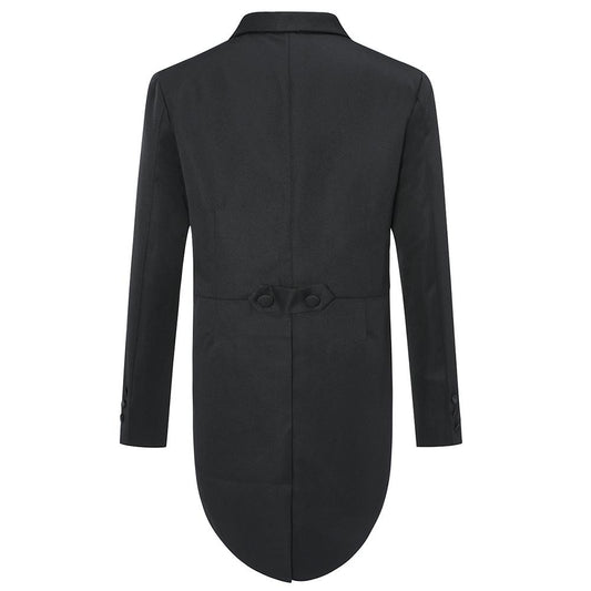 Black # Men's slim fit 3-piece swallowtailed dinner suit with classic lapel and button closure, black formal tailcoat blazer jacket with matching vest and flat-front trousers with rustproof zipper, premium polyester viscose blend suit for wedding, prom, party, banquet and holiday occasions, isolated on white background.