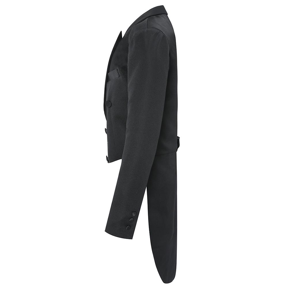 Black # Men's slim fit 3-piece swallowtailed dinner suit with classic lapel and button closure, black formal tailcoat blazer jacket with matching vest and flat-front trousers with rustproof zipper, premium polyester viscose blend suit for wedding, prom, party, banquet and holiday occasions, isolated on white background.