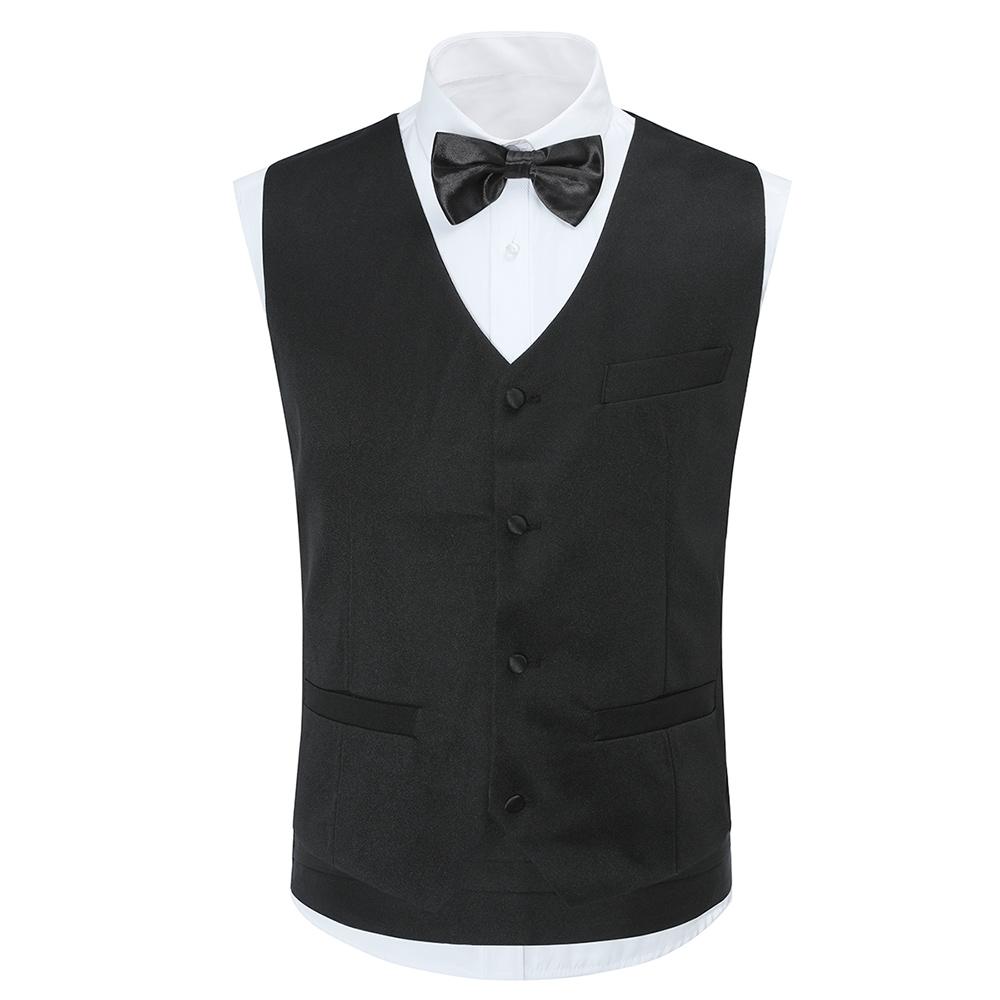 Black # Men's slim fit 3-piece swallowtailed dinner suit with classic lapel and button closure, black formal tailcoat blazer jacket with matching vest and flat-front trousers with rustproof zipper, premium polyester viscose blend suit for wedding, prom, party, banquet and holiday occasions, isolated on white background.