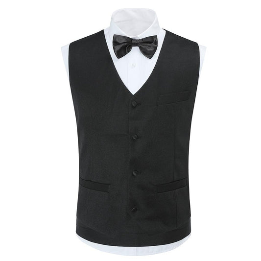 Black # Men's slim fit 3-piece swallowtailed dinner suit with classic lapel and button closure, black formal tailcoat blazer jacket with matching vest and flat-front trousers with rustproof zipper, premium polyester viscose blend suit for wedding, prom, party, banquet and holiday occasions, isolated on white background.