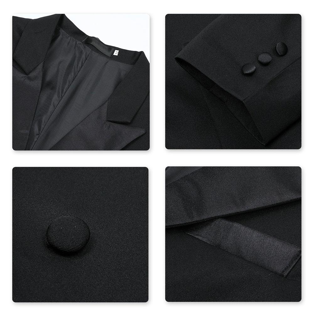 Black # Men's slim fit 3-piece swallowtailed dinner suit with classic lapel and button closure, black formal tailcoat blazer jacket with matching vest and flat-front trousers with rustproof zipper, premium polyester viscose blend suit for wedding, prom, party, banquet and holiday occasions, isolated on white background.