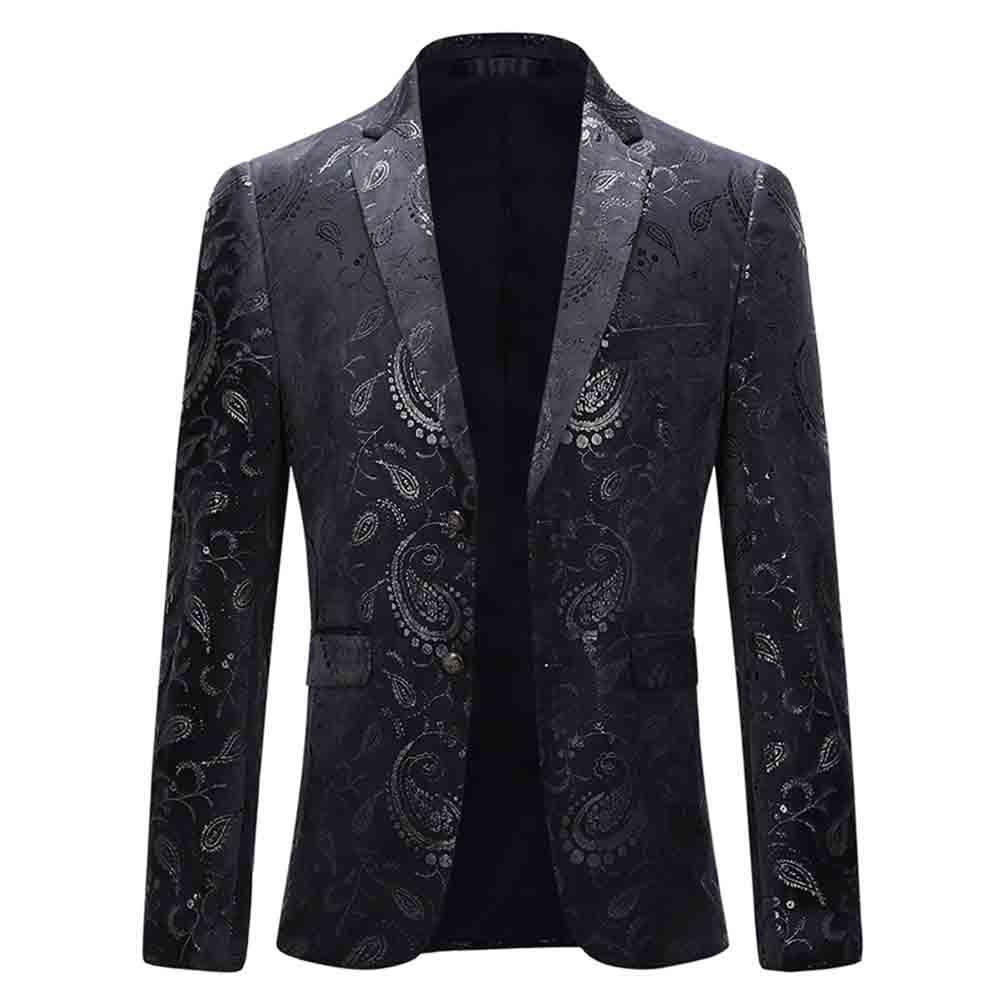 Black # Men's single-breasted floral blazer with notched lapel and center vent, black dress sport coat featuring hot stamping floral print for party, prom, banquet, show and special occasions, isolated on white background.