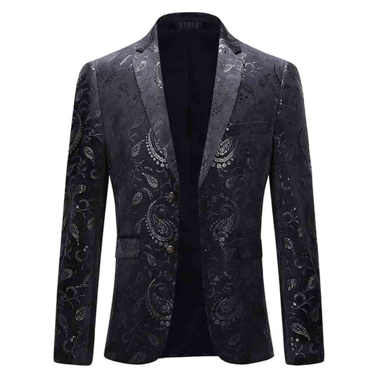 Black # Men's single-breasted floral blazer with notched lapel and center vent, black dress sport coat featuring hot stamping floral print for party, prom, banquet, show and special occasions, isolated on white background.