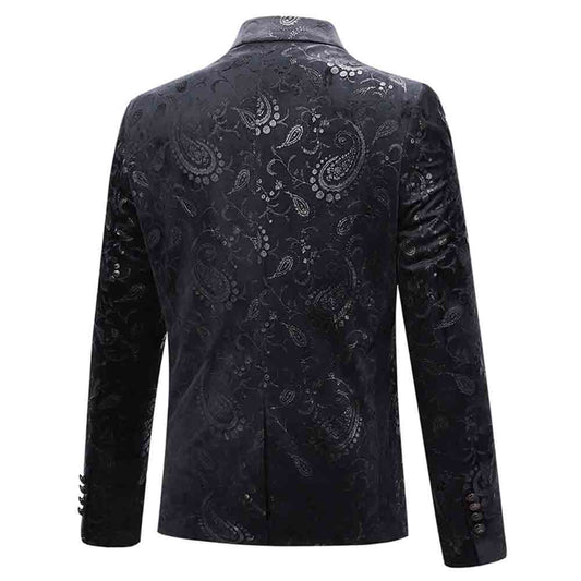 Black # Men's single-breasted floral blazer with notched lapel and center vent, black dress sport coat featuring hot stamping floral print for party, prom, banquet, show and special occasions, isolated on white background.