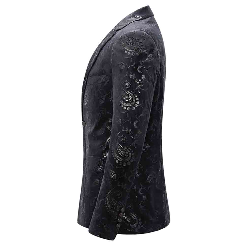 Black # Men's single-breasted floral blazer with notched lapel and center vent, black dress sport coat featuring hot stamping floral print for party, prom, banquet, show and special occasions, isolated on white background.