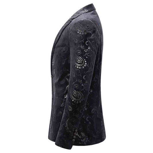 Black # Men's single-breasted floral blazer with notched lapel and center vent, black dress sport coat featuring hot stamping floral print for party, prom, banquet, show and special occasions, isolated on white background.