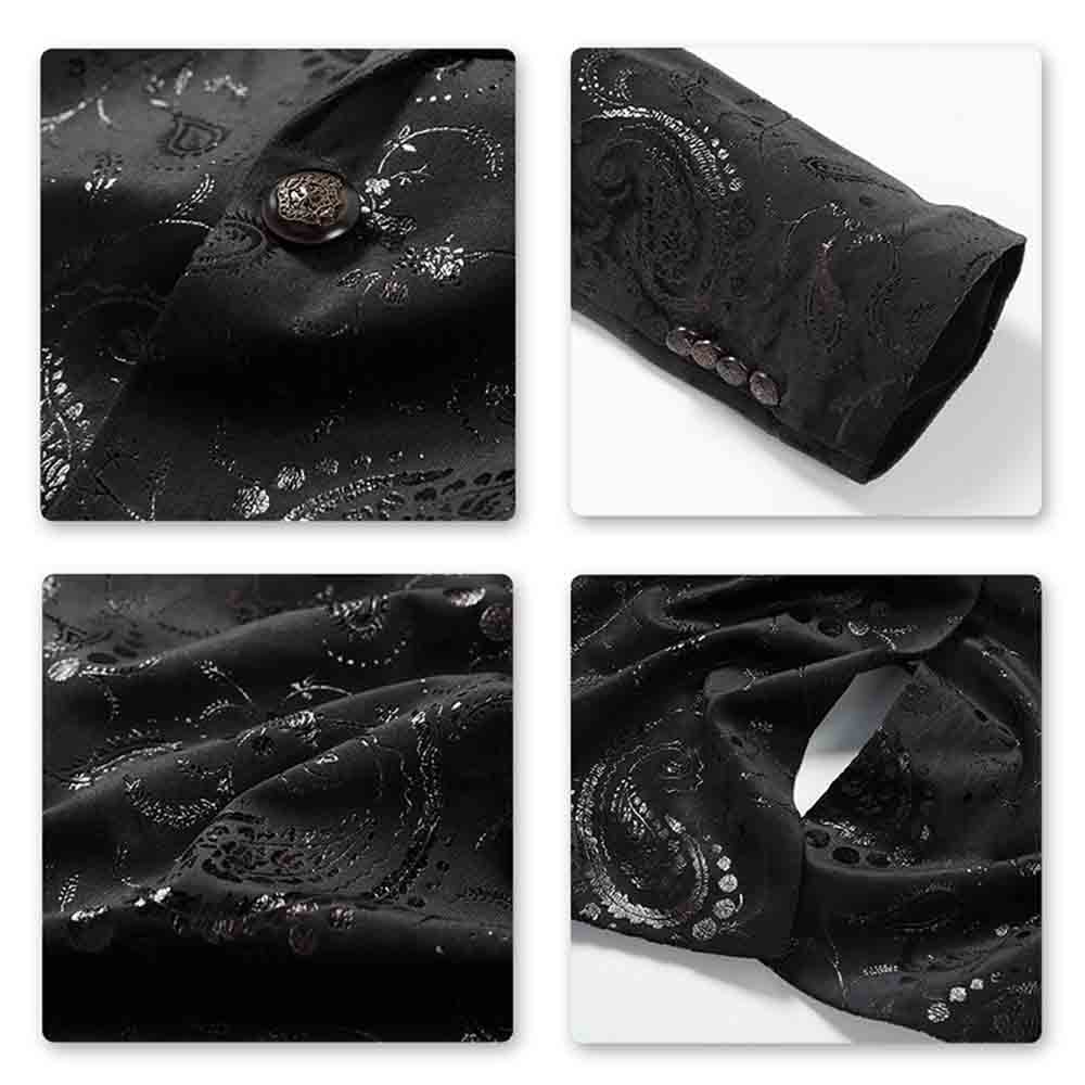 Black # Men's single-breasted floral blazer with notched lapel and center vent, black dress sport coat featuring hot stamping floral print for party, prom, banquet, show and special occasions, isolated on white background.