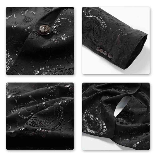 Black # Men's single-breasted floral blazer with notched lapel and center vent, black dress sport coat featuring hot stamping floral print for party, prom, banquet, show and special occasions, isolated on white background.