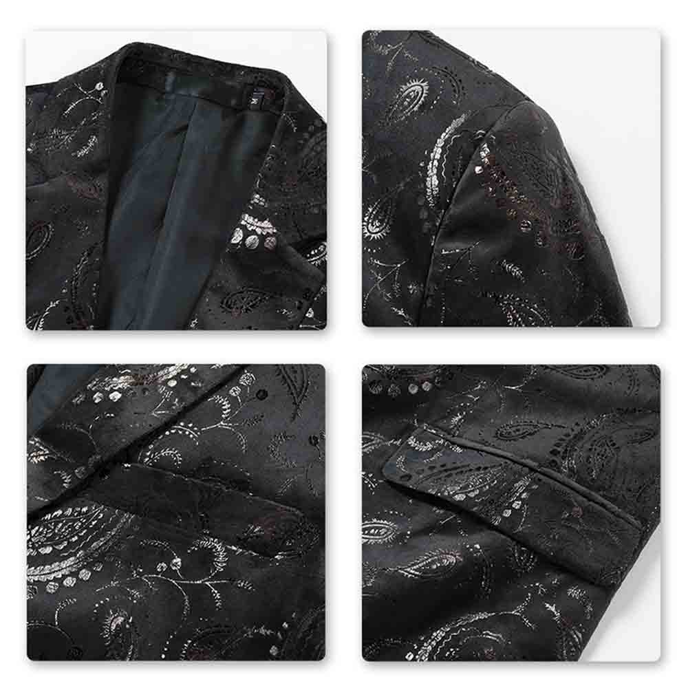 Black # Men's single-breasted floral blazer with notched lapel and center vent, black dress sport coat featuring hot stamping floral print for party, prom, banquet, show and special occasions, isolated on white background.