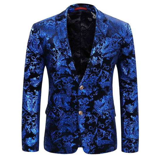 Blue # Men's single-breasted floral blazer with notched lapel and center vent, blue dress sport coat featuring hot stamping floral print for party, prom, wedding, banquet and special occasions, isolated on white background.