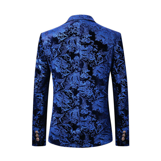 Blue # Men's single-breasted floral blazer with notched lapel and center vent, blue dress sport coat featuring hot stamping floral print for party, prom, wedding, banquet and special occasions, isolated on white background.