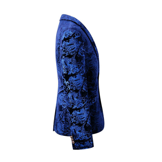 Blue # Men's single-breasted floral blazer with notched lapel and center vent, blue dress sport coat featuring hot stamping floral print for party, prom, wedding, banquet and special occasions, isolated on white background.