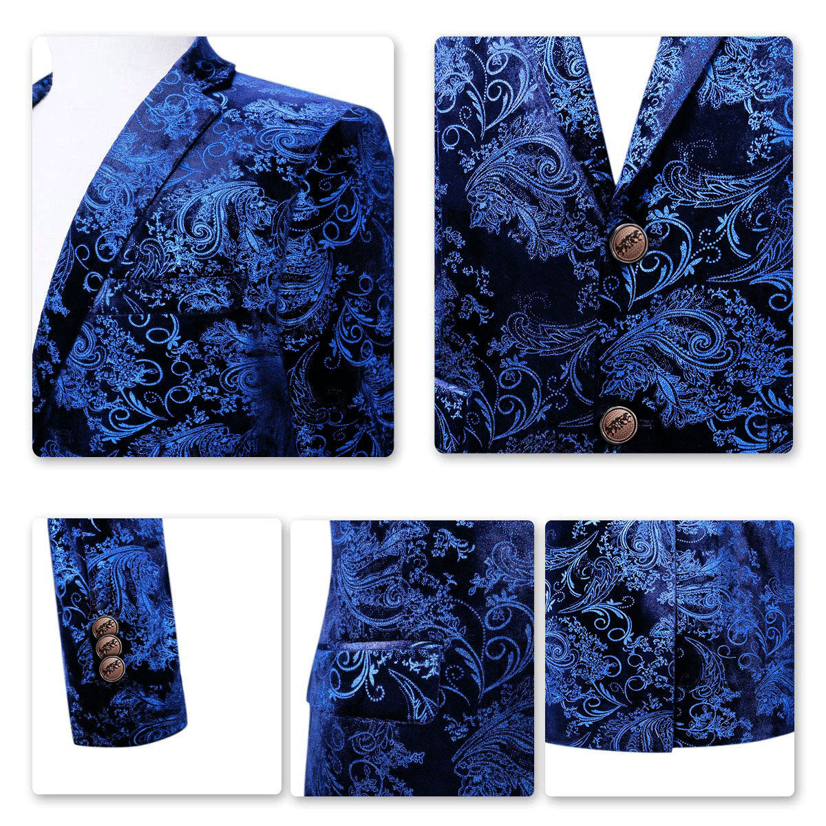 Blue # Men's single-breasted floral blazer with notched lapel and center vent, blue dress sport coat featuring hot stamping floral print for party, prom, wedding, banquet and special occasions, isolated on white background.
