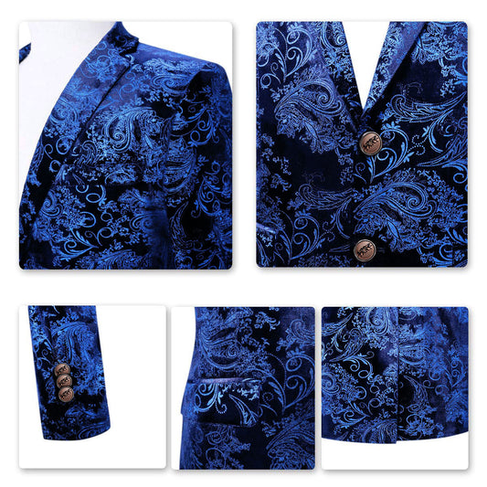Blue # Men's single-breasted floral blazer with notched lapel and center vent, blue dress sport coat featuring hot stamping floral print for party, prom, wedding, banquet and special occasions, isolated on white background.