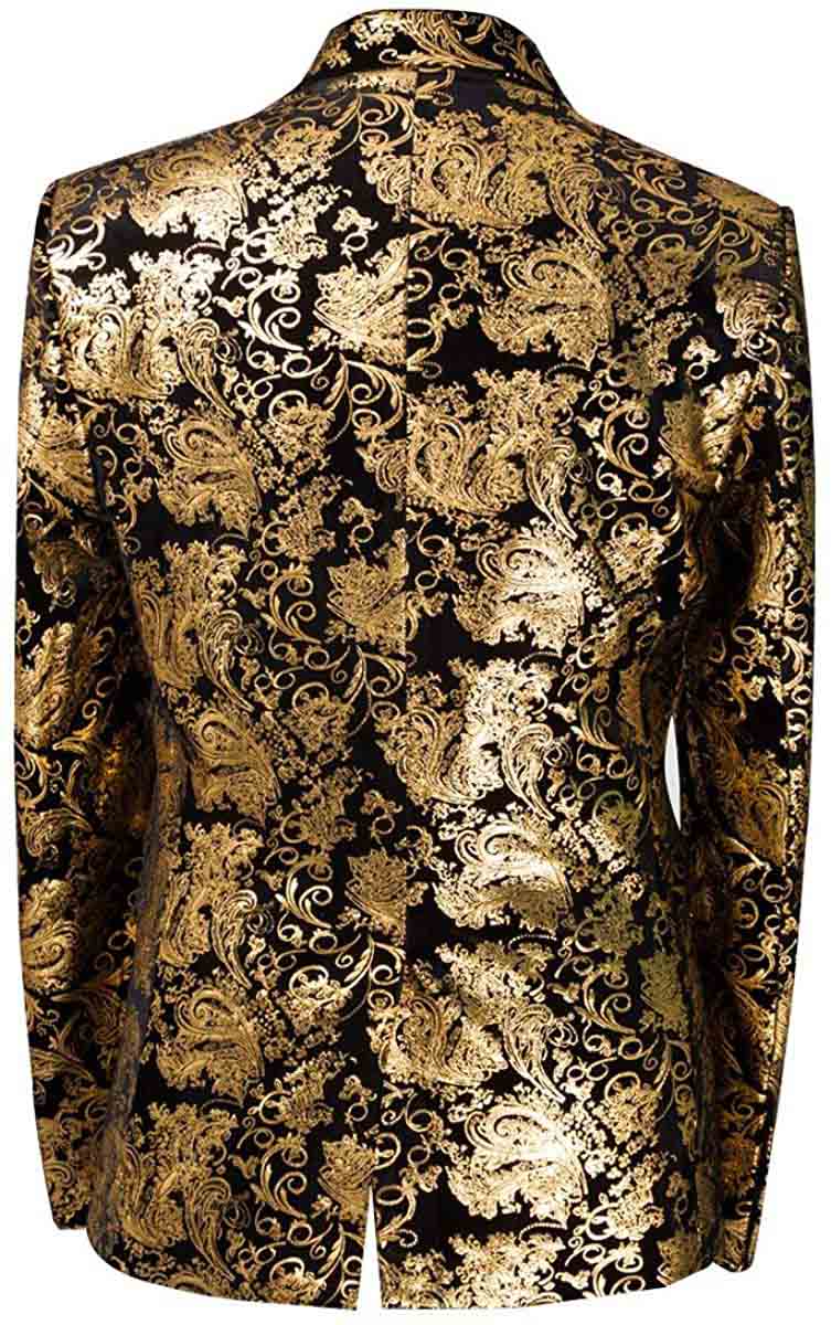Gold # Men's single-breasted floral blazer with notched lapel and center vent, gold dress sport coat featuring hot stamping floral print for party, prom, wedding, banquet and special occasions, isolated on white background.