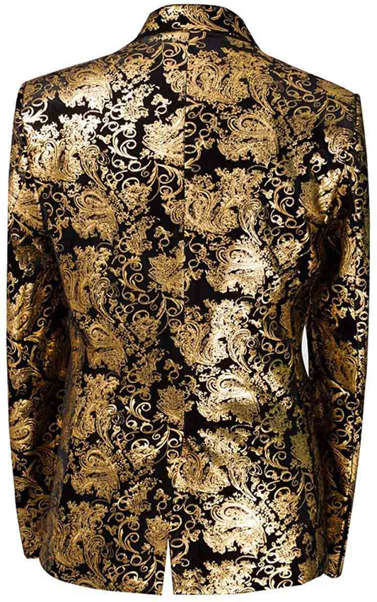 Gold # Men's single-breasted floral blazer with notched lapel and center vent, gold dress sport coat featuring hot stamping floral print for party, prom, wedding, banquet and special occasions, isolated on white background.