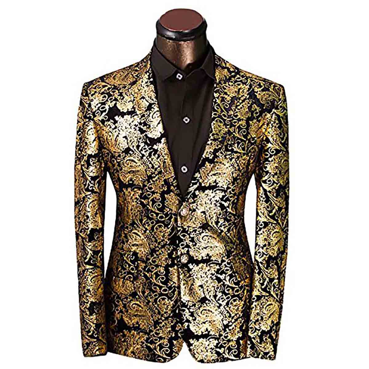 Gold # Men's single-breasted floral blazer with notched lapel and center vent, gold dress sport coat featuring hot stamping floral print for party, prom, wedding, banquet and special occasions, isolated on white background.