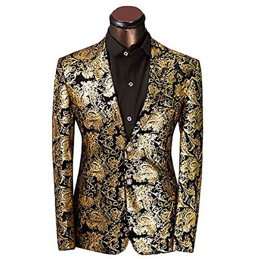Gold # Men's single-breasted floral blazer with notched lapel and center vent, gold dress sport coat featuring hot stamping floral print for party, prom, wedding, banquet and special occasions, isolated on white background.