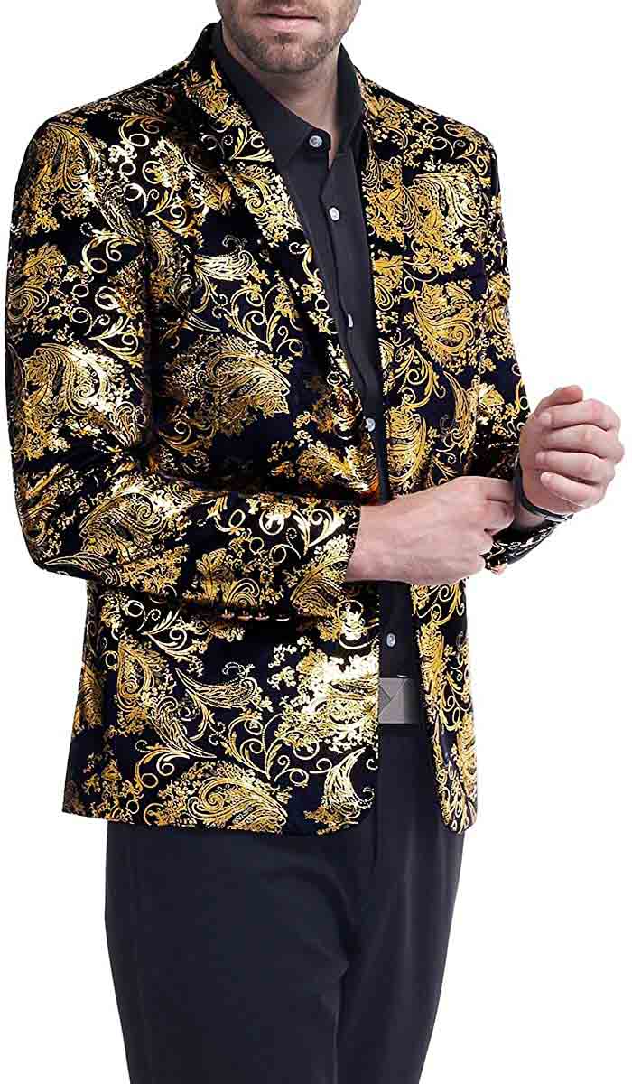 Gold # Men's single-breasted floral blazer with notched lapel and center vent, gold dress sport coat featuring hot stamping floral print for party, prom, wedding, banquet and special occasions, isolated on white background.