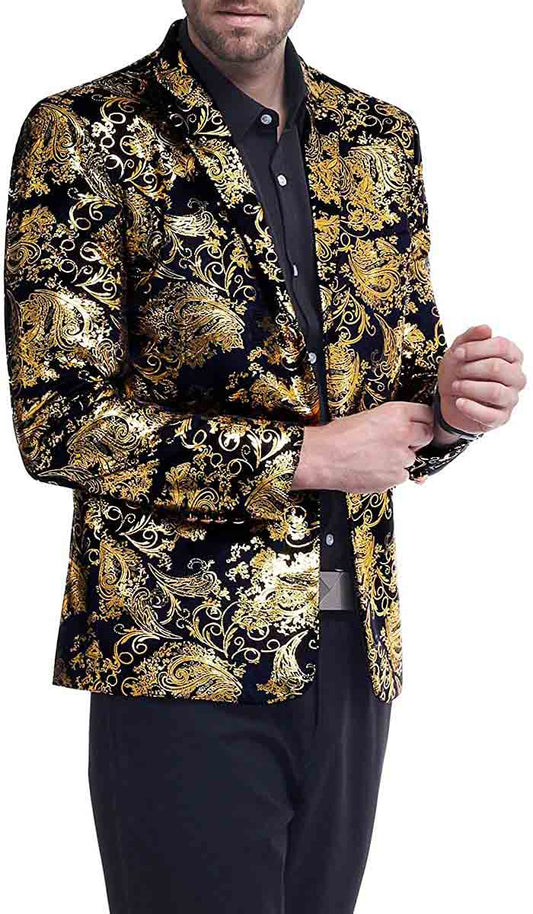 Gold # Men's single-breasted floral blazer with notched lapel and center vent, gold dress sport coat featuring hot stamping floral print for party, prom, wedding, banquet and special occasions, isolated on white background.