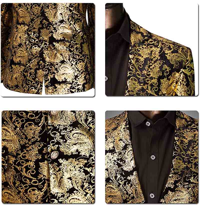 Gold # Men's single-breasted floral blazer with notched lapel and center vent, gold dress sport coat featuring hot stamping floral print for party, prom, wedding, banquet and special occasions, isolated on white background.