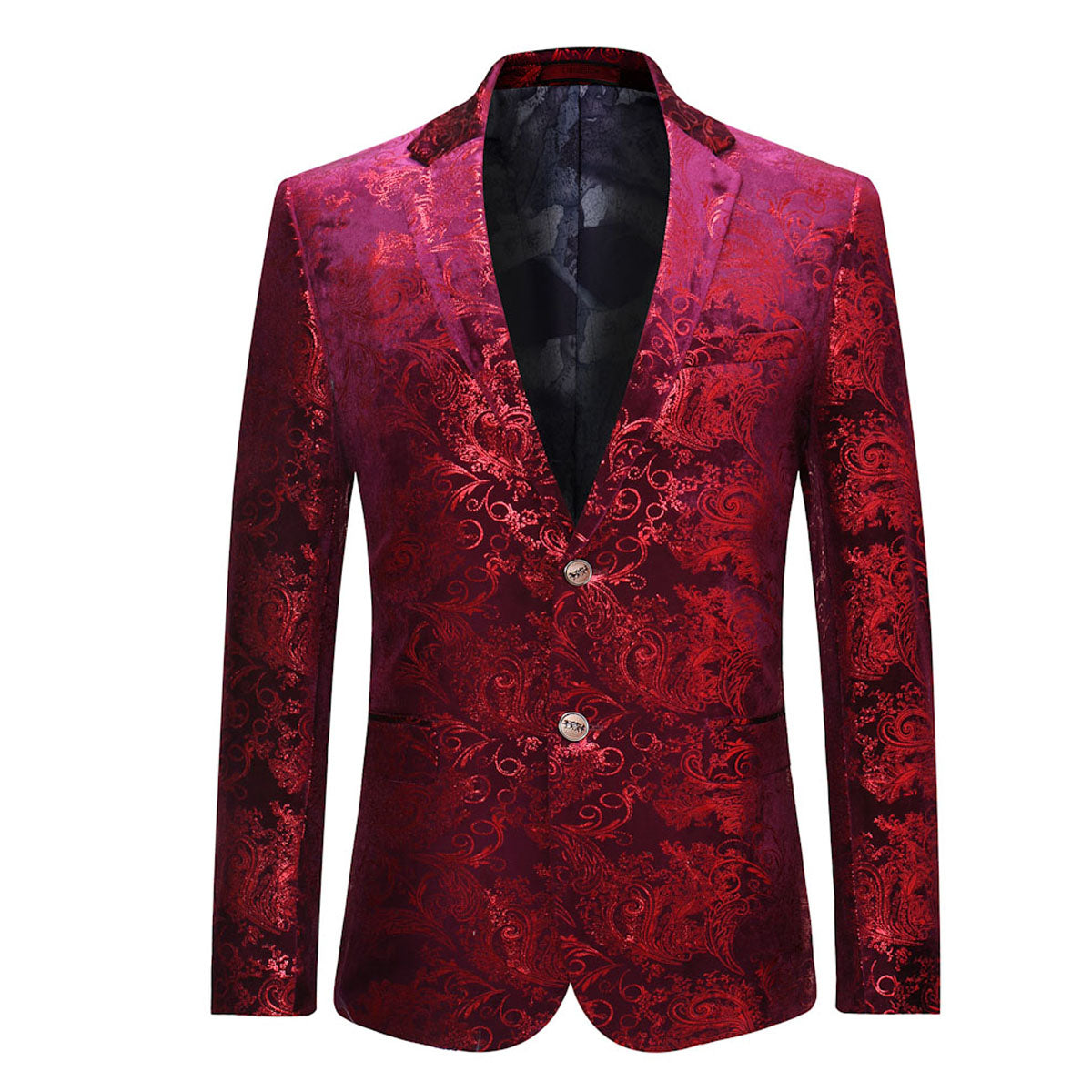 Red Gold # Men's single-breasted floral blazer with notched lapel and center vent, red gold dress sport coat featuring hot stamping floral print for party, prom, wedding, banquet and special occasions, isolated on white background.