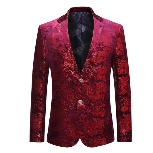 Red Gold # Men's single-breasted floral blazer with notched lapel and center vent, red gold dress sport coat featuring hot stamping floral print for party, prom, wedding, banquet and special occasions, isolated on white background.