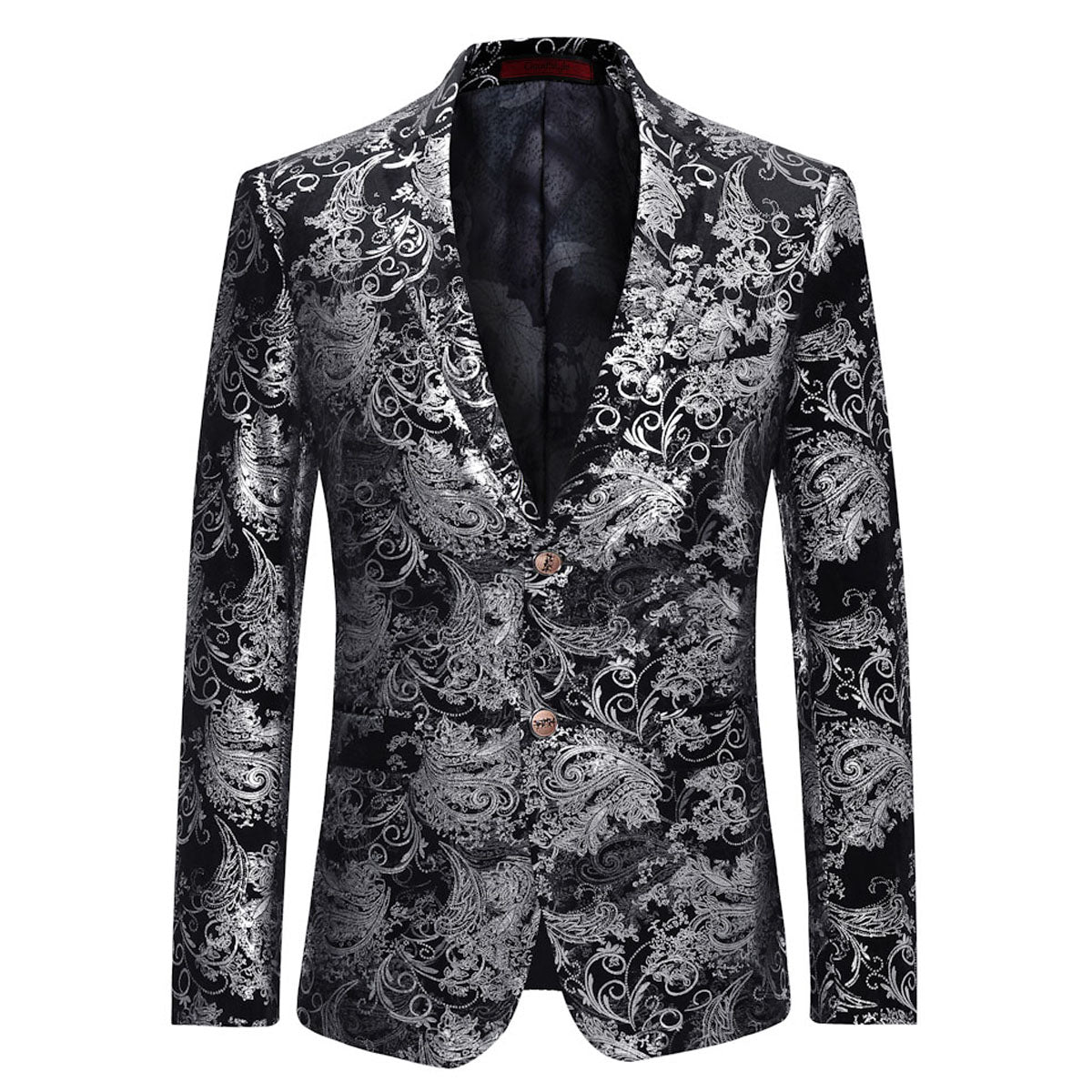 Silver # Men's single-breasted floral blazer with notched lapel and center vent, silver dress sport coat featuring hot stamping floral print for party, wedding, prom, dates and special occasions, isolated on white background.